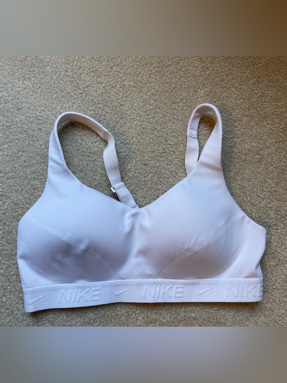 Nike White Adjustable-Strap Dri Fit Sports Bra with Embossed Logo Band